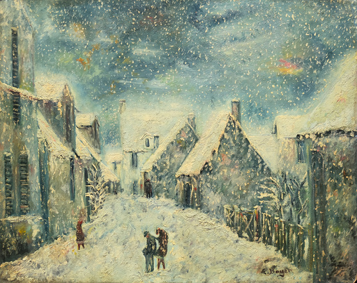 Emile BOYER - Pintura - Le Vieux Cabourg un jour de neige