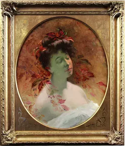 Léon TIRODE - Pintura - Huile sur toile , portrait Art Nouveau "l'automne " 