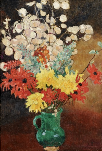 Louis VALTAT - Painting - Cruche verte, dahlias et fleurs