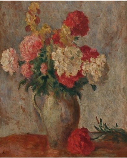 马克西米·卢斯 - 绘画 - Bouquet de pivoines sur une table