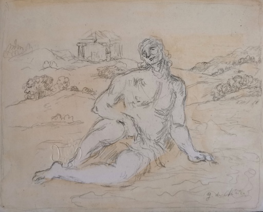 Giorgio DE CHIRICO - Disegno Acquarello - Figura con tempio 