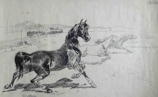 Ulpiano CHECA Y SANZ - Drawing-Watercolor - "Cheval de fer" Caballo - Horse