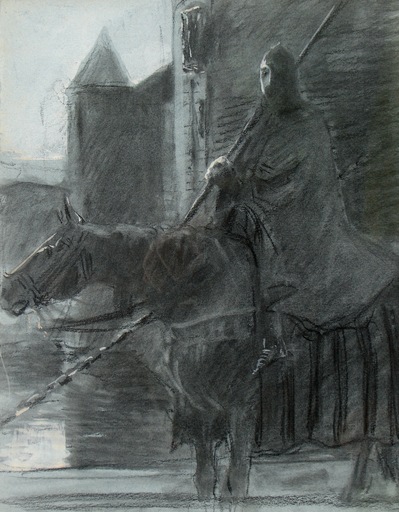 Ulpiano CHECA Y SANZ - Disegno Acquarello - Guerrier à cheval, avec lance,  devant le château