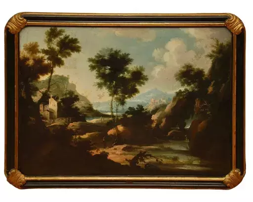 Gaetano VETTURALI - Pittura - Paesaggio con corso d'acqua e personaggi