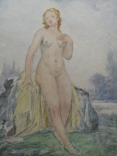 Charles françois MOUTHON - Zeichnung Aquarell - Nu à la serviette jaune - (M35)