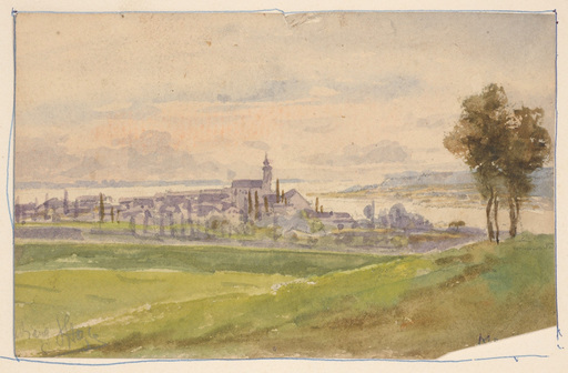 Vincenz HAVLICEK - Dibujo Acuarela - Vincenz Havlicek (1864-1915) "Monastery at lake" watercolor