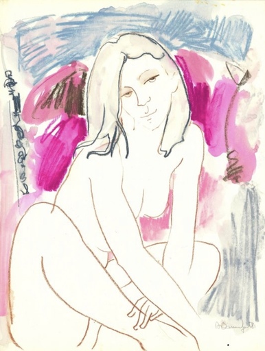 Alain BONNEFOIT - Zeichnung Aquarell - femme au fond rose