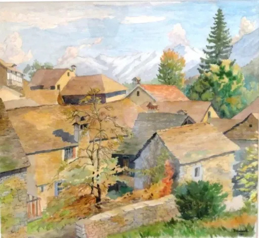 Plinio COLOMBI - Dessin-Aquarelle - blick auf eine dorf mit landschaft