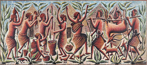 Mwenze KIBWANGA - Gemälde - Hunting and harvesting