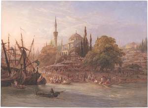 Friedrich HORNER - Zeichnung Aquarell - Konstantinopel, die Marine von Pera mit der Tophane Moschee.