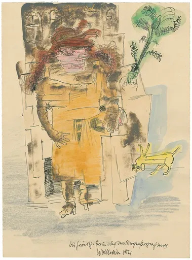 Gert Heinrich WOLLHEIM - Zeichnung Aquarell - „Die Gnädige Frau auf dem Morgenspaziergang“. 