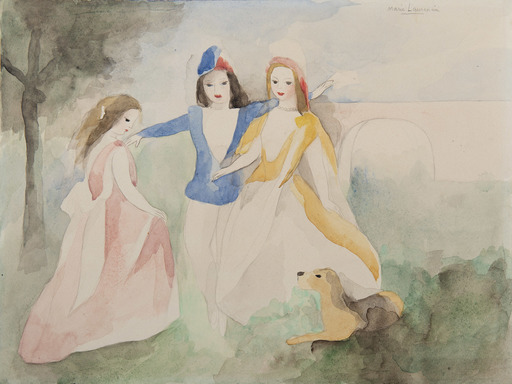 Marie LAURENCIN - Zeichnung Aquarell - Trois femmes jouant avec un chien