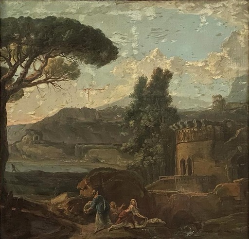 Hubert ROBERT - Painting - Lavandiets at a stream , in a classical landscape with ruins