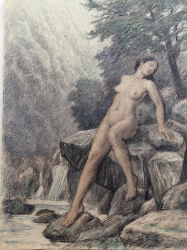 Charles françois MOUTHON - Drawing-Watercolor - Nu aux rochers - (M25)