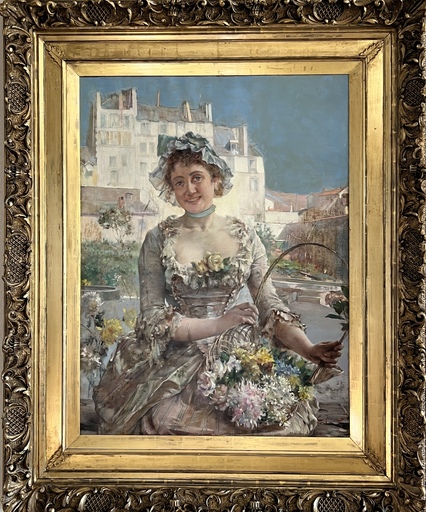E. GIACHI - Peinture - FLOWER GIRL in lovely dress & flowers Italian town landscape