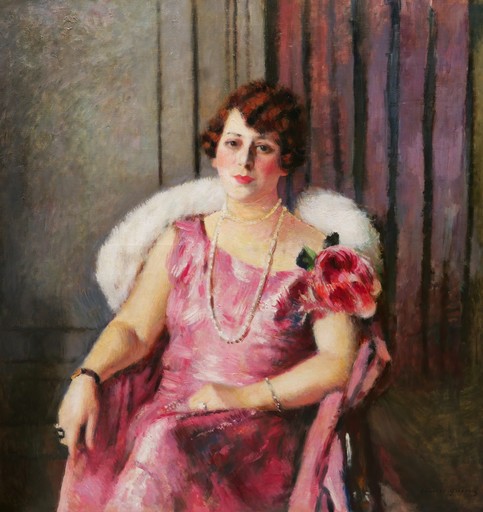 Charles François Prosper GUÉRIN - Peinture - Portrait de femme assise à la robe rose