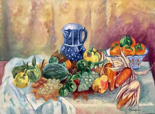 Henri MANGUIN - Gemälde - Nature Morte, Melon, raubm Poires, Mais et Pot Bleu