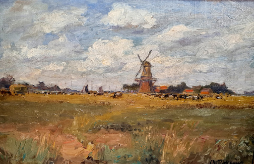 Otto ROSSOW - Peinture - Windmühle in Landschaft mit Kühen