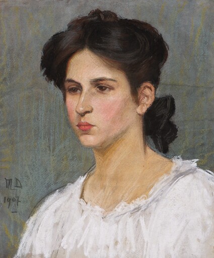 Marguerite DUBOIS DE PACÉ - 水彩作品 - Portrait de jeune femme brune en chemise blanche