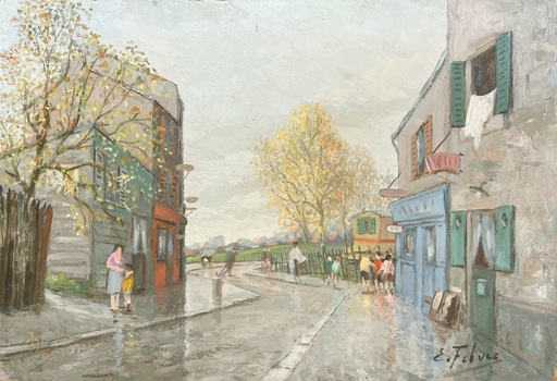 Edouard FEBVRE - Painting - Rue animée en banlieue