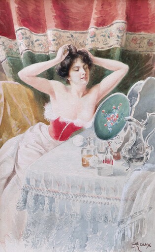 Georges ROUX - Dibujo Acuarela - Femme en déshabillé se coiffant