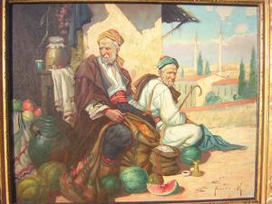 Jan KAMENICKY - Peinture - Orientalist, zwei Orientaler beim Warenverkauf