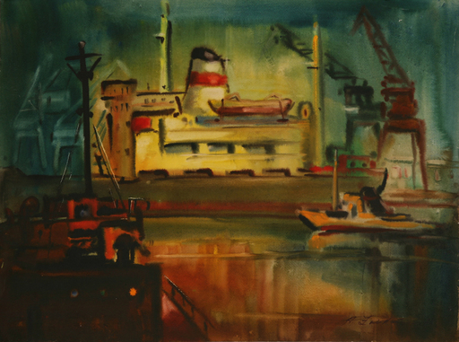 Aleksandrs ZVIEDRIS - Painting - Cranes in the port