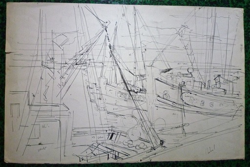 Guy CHABROL - Drawing-Watercolor - Bateaux de pêche à quai