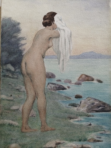 Charles françois MOUTHON - Dessin-Aquarelle - Nu à la serviette blanche - (M28)