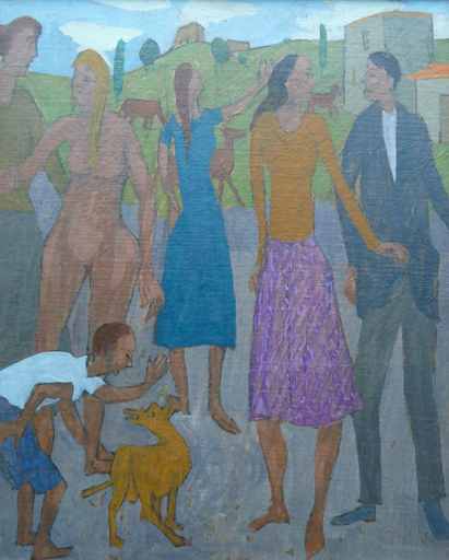 Grégoire MICHONZE - Gemälde - Village Scene with a Standing Nude, Boy and Dog